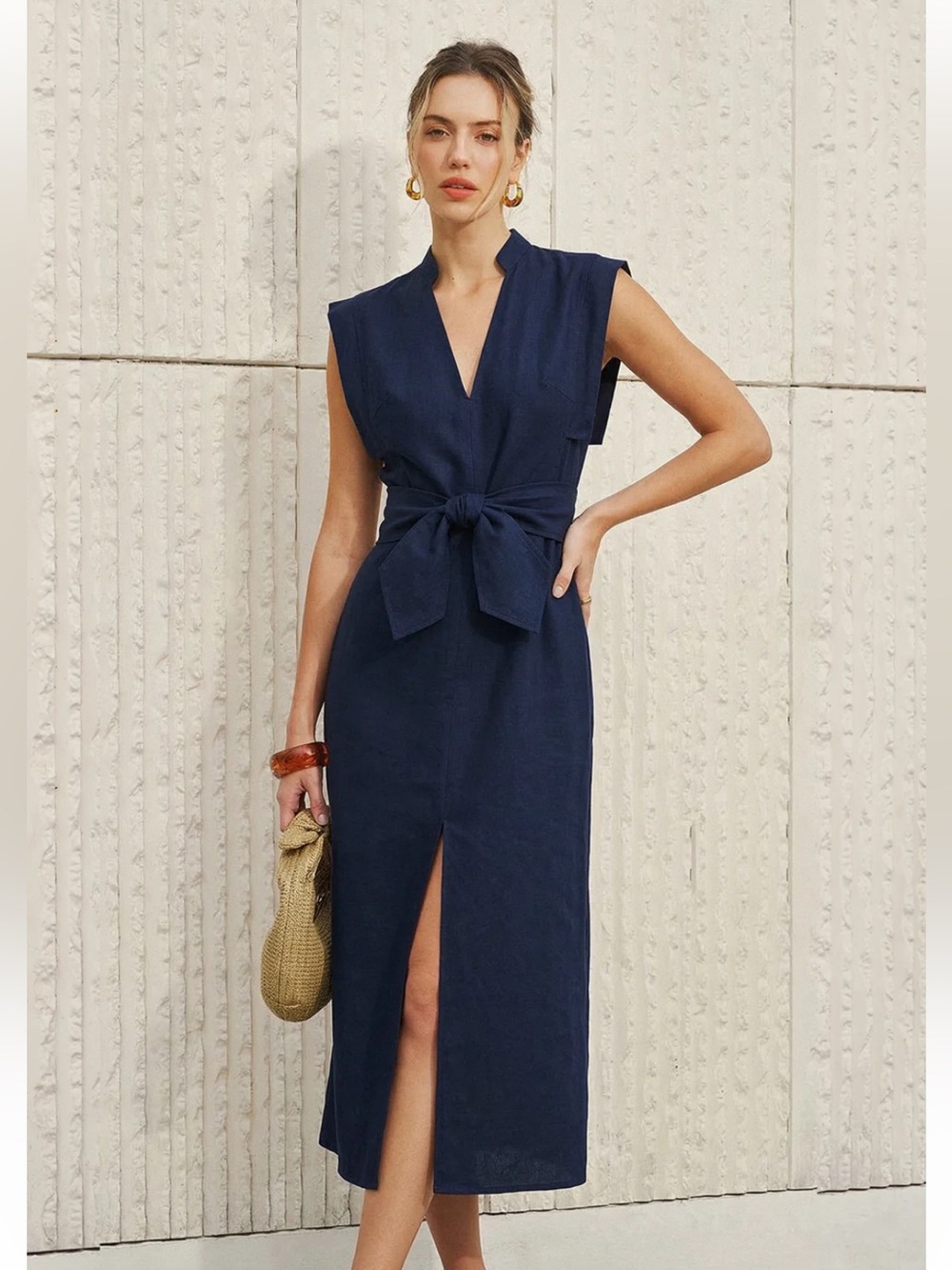 NWT Commense Cotton-Linen Sleeveless V-Neck Bow Split Dress in Navy